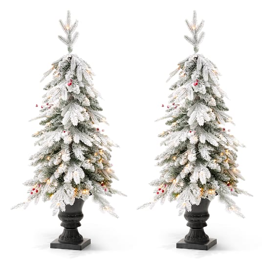 2 Pack 4ft. Pre-Lit Flocked Red Berry Fir Artificial Christmas Porch Tree in Urn, Warm White Lights